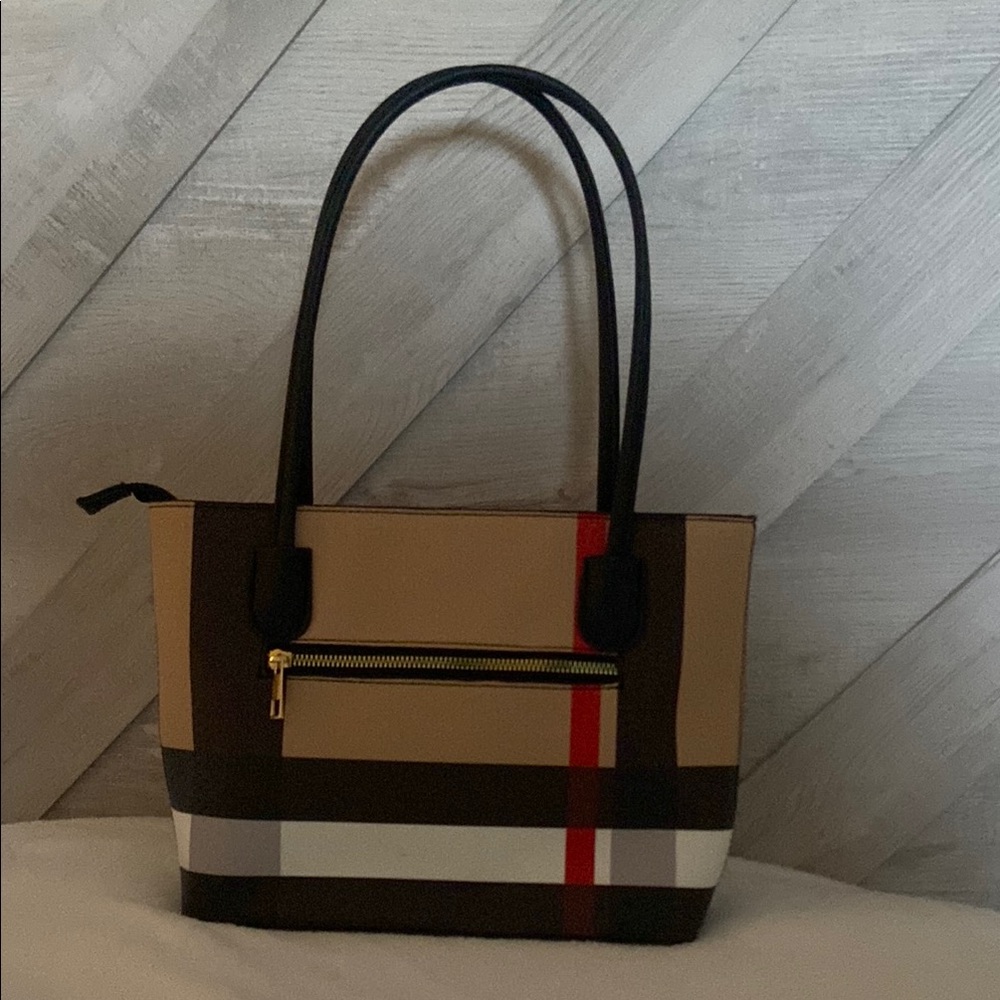 Brown and Red Canvas Tote Bag with Structured Design